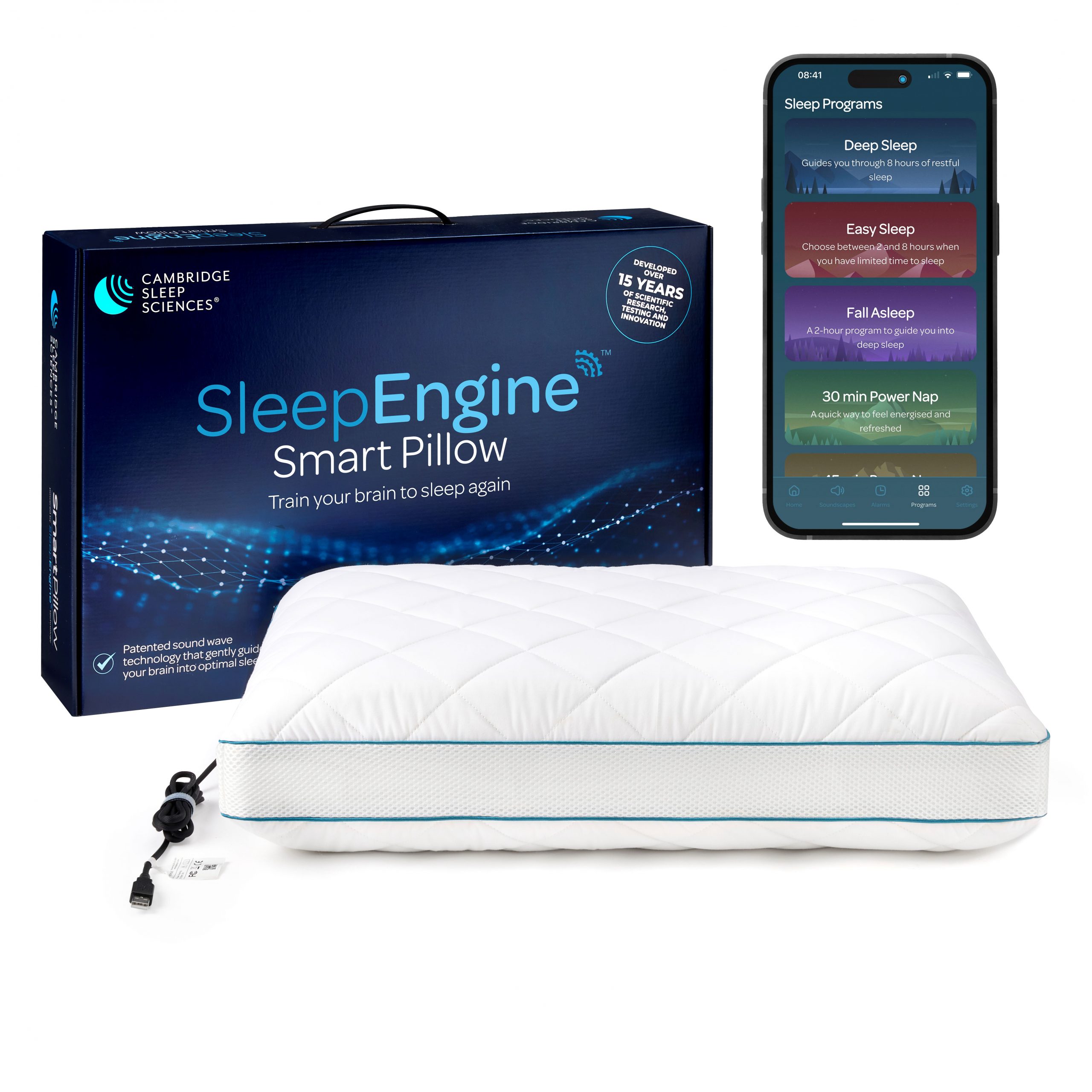 SleepEngine Smart Pillow by Cambridge Sleep Sciences with branded box and sleep app