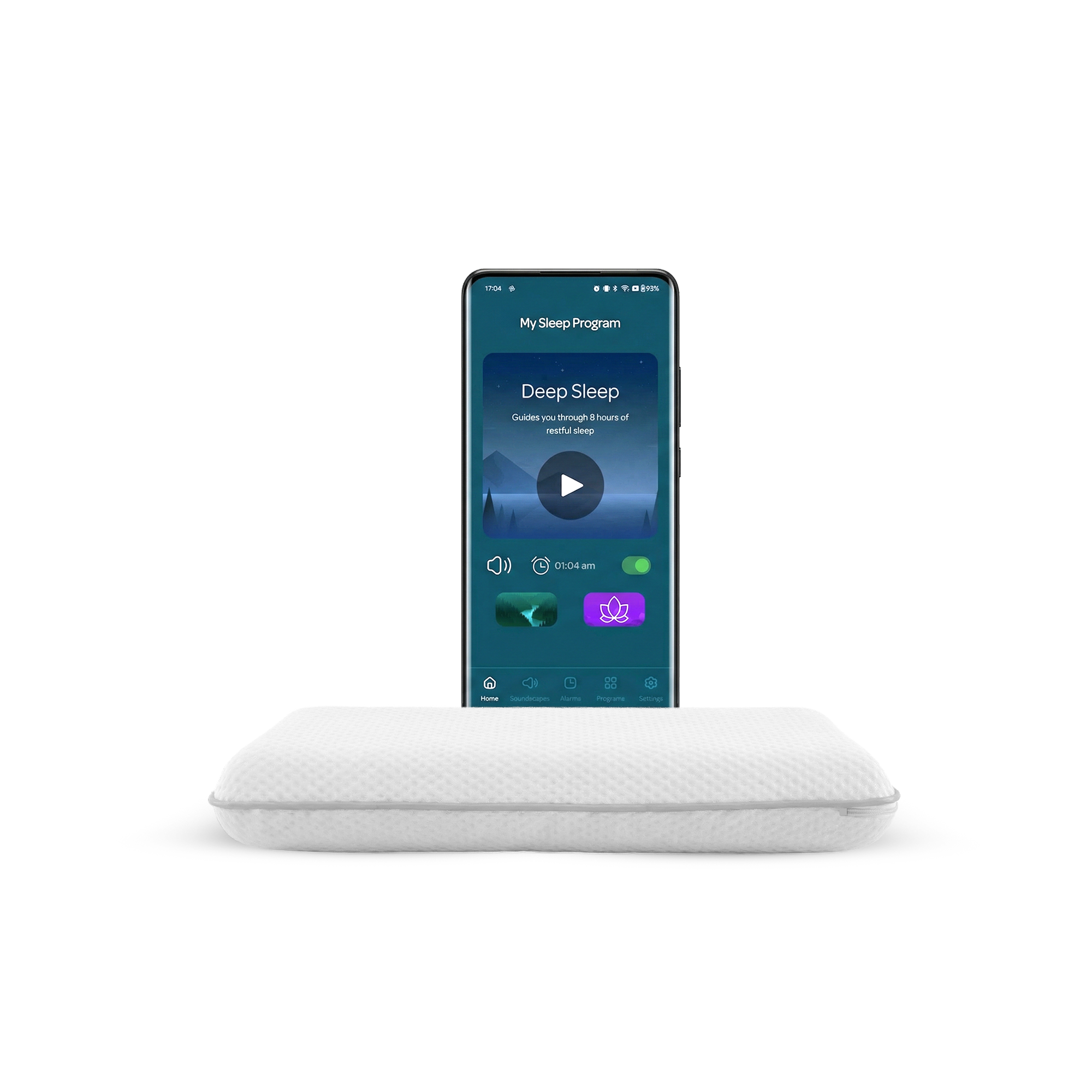 SleepEngine™ POD sleep device with smartphone showing the SleepEngine™ app Deep Sleep programme